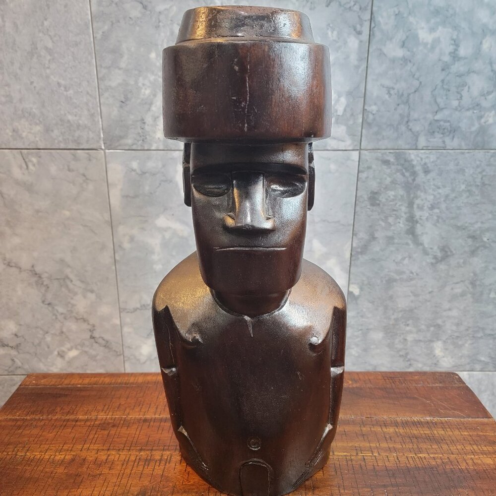 Easter Island, Rapa Nui, Hand-Carved Wooden Moai 15" , with Glyphs on Back